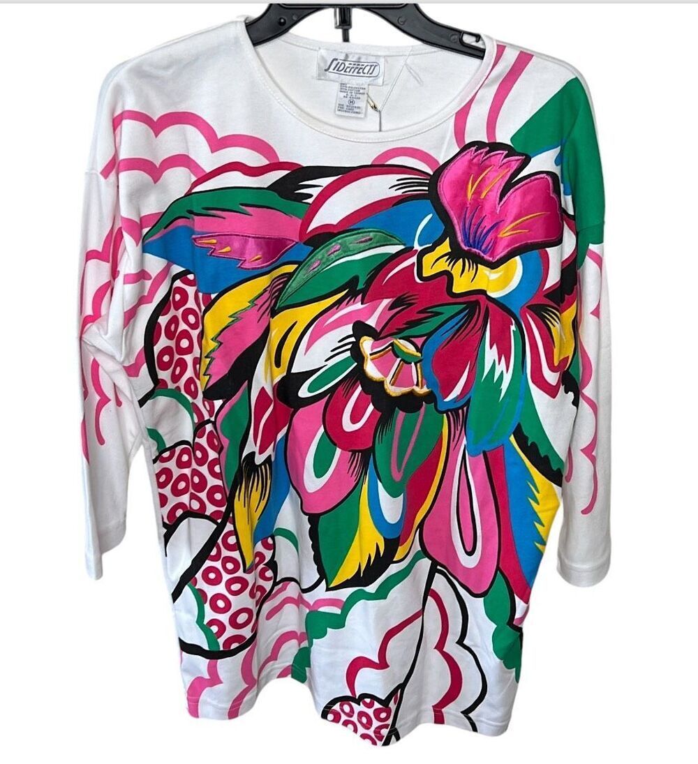 Sideffects Neon Floral Embroidered 80’s Knit Top Size Medium Nwt